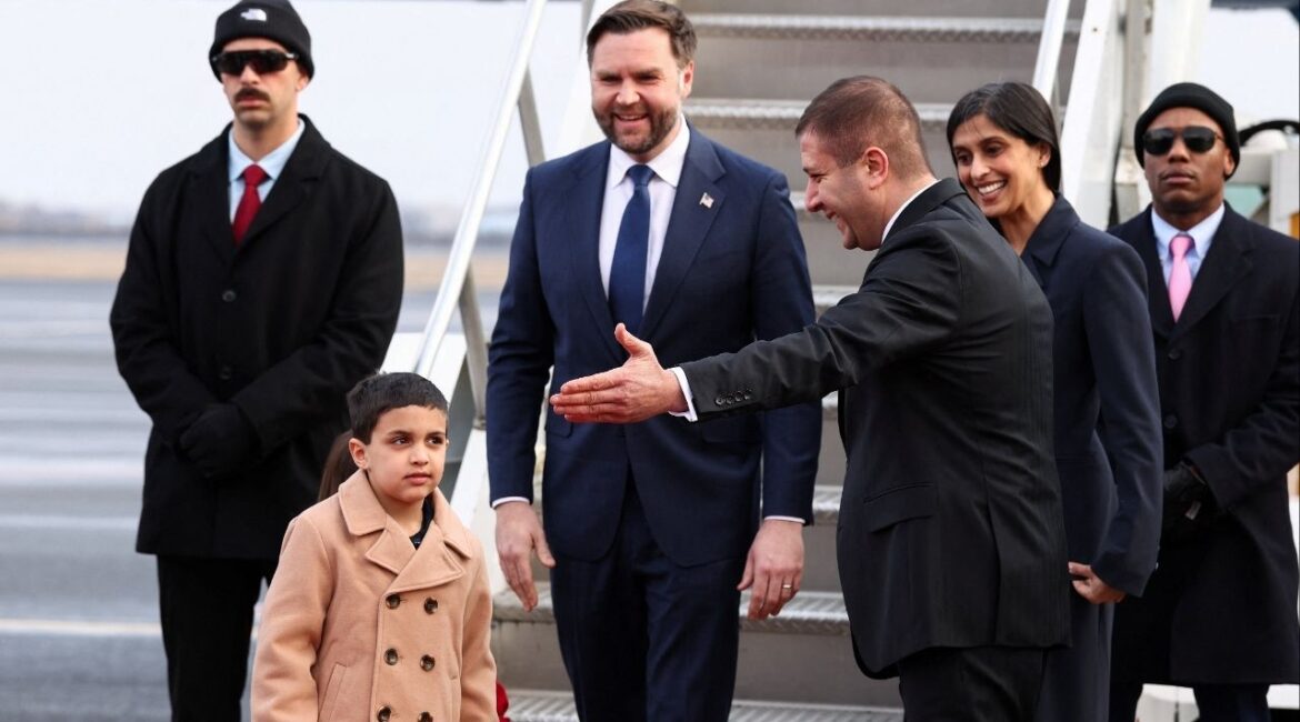 Vice President JD Vance, second lady Usha Vance, along with their children Mirabel and Vivek, walk from Air Force Two as they arrive, in Yerevan, Armenia, February 9, 2026. (Reuters/Kevin Lamarque/Pool)