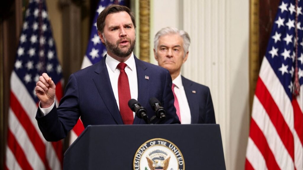Vice President JD Vance speaks next to Administrator for the Centers for Medicare & Medicaid Services Mehmet Oz about combating fraud at the Eisenhower Executive Office Building in Washington, D.C., U.S, February 25, 2026. (Reuters/Kevin Lamarque)