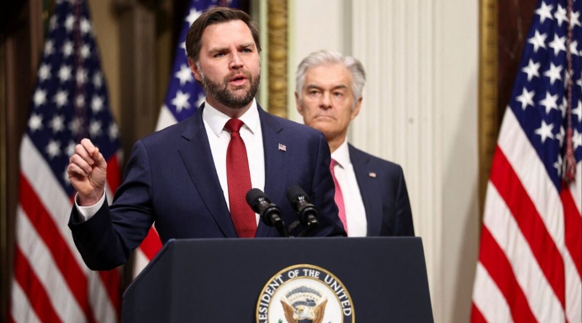 Vice President JD Vance speaks next to Administrator for the Centers for Medicare & Medicaid Services Mehmet Oz about combating fraud at the Eisenhower Executive Office Building in Washington, D.C., U.S, February 25, 2026. (Reuters/Kevin Lamarque)