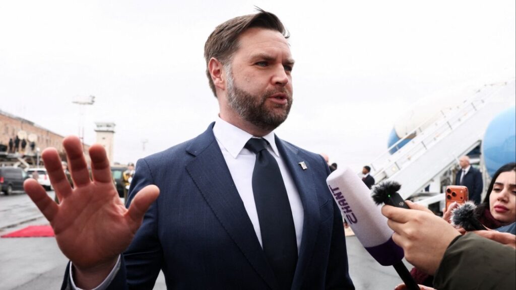 Vice President JD Vance speaks to the media before boarding Air Force Two upon departure for Azerbaijan, at Zvartnots International Airport in Yerevan, Armenia, February 10, 2026. (Reuters/Kevin Lamarque/Pool)
