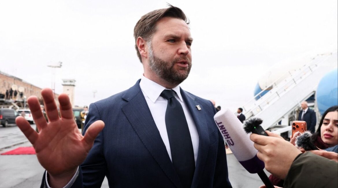Vice President JD Vance speaks to the media before boarding Air Force Two upon departure for Azerbaijan, at Zvartnots International Airport in Yerevan, Armenia, February 10, 2026. (Reuters/Kevin Lamarque/Pool)
