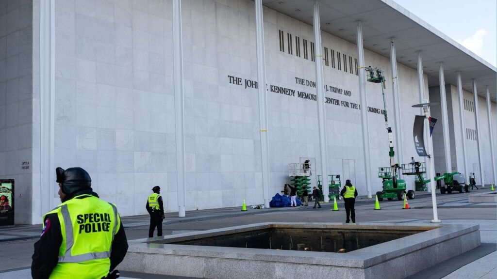 Workers add President Trump’s name to side of the Kennedy Center in Washington, on Friday, Dec. 19, 2025. President Trump announced Sunday that he would shut down the John F. Kennedy Center for the Performing Arts, which has been battered by cancellations and boycotts, for two years this summer to transform what he called “a tired, broken, and dilapidated Center,” into “without question, the finest Performing Arts Facility of its kind.” (Eric Lee/The New York Times)