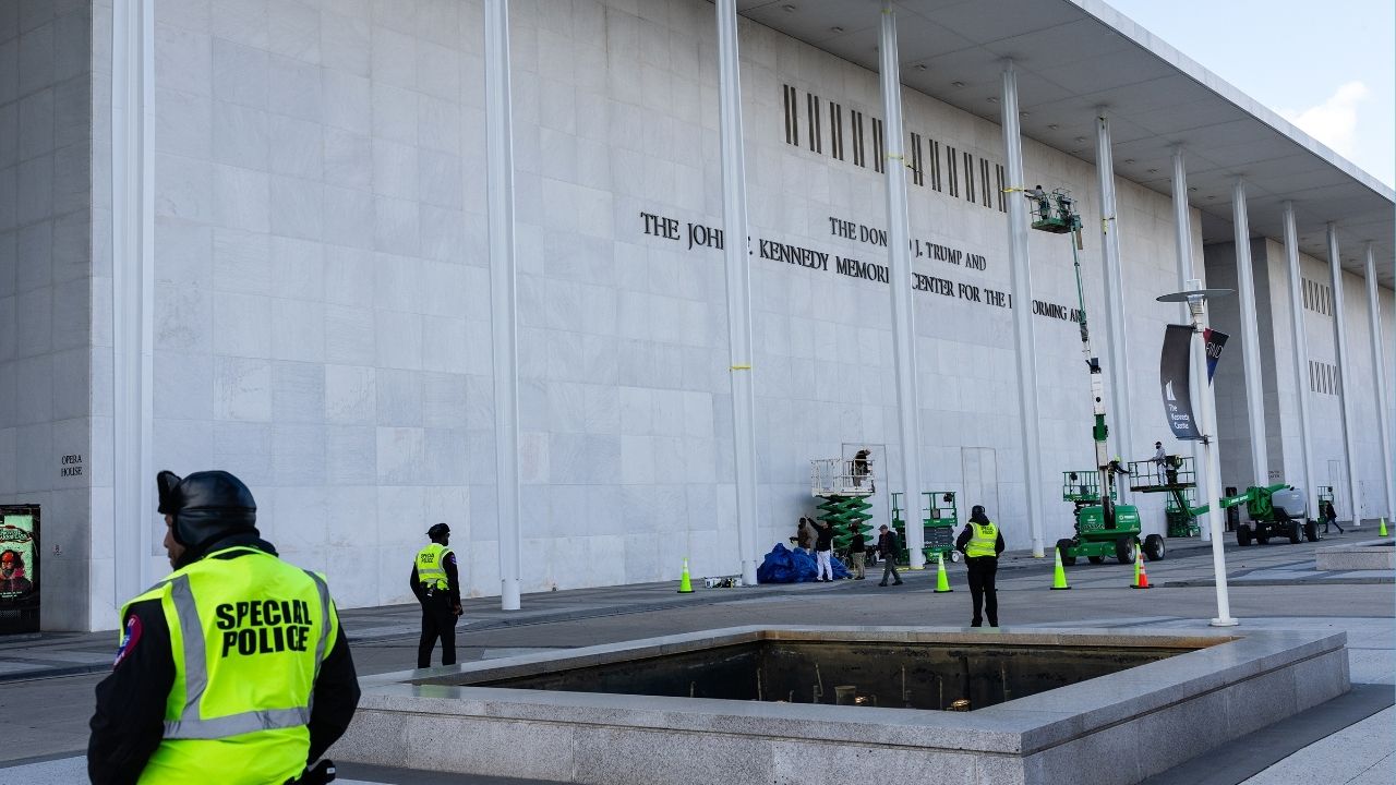Workers add President Trump’s name to side of the Kennedy Center in Washington, on Friday, Dec. 19, 2025. President Trump announced Sunday that he would shut down the John F. Kennedy Center for the Performing Arts, which has been battered by cancellations and boycotts, for two years this summer to transform what he called “a tired, broken, and dilapidated Center,” into “without question, the finest Performing Arts Facility of its kind.” (Eric Lee/The New York Times)