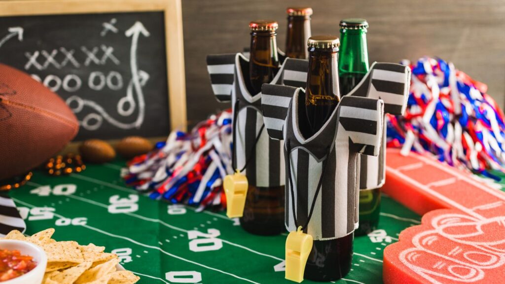 Image of a table set for a Super Bowl Party with snacks, drinks, a football and a chalkboard with diagrammed plays