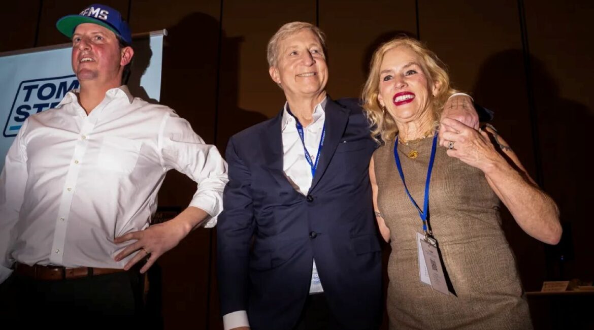 Image of Henry Stern, Tom Steyer, and Kat Taylor at the 2026 state Democratic Convention
