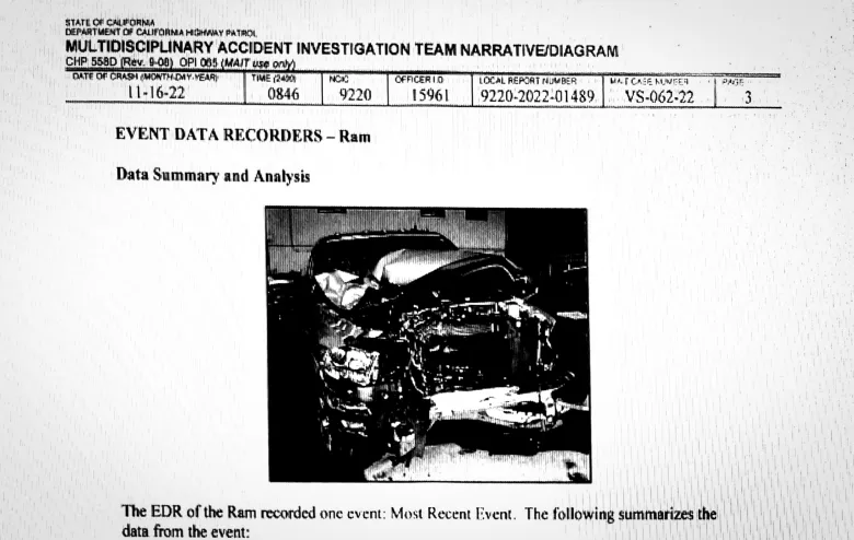 Image from California Highway Patrol report on Kostas Linardos’s vehicle after fatal crash