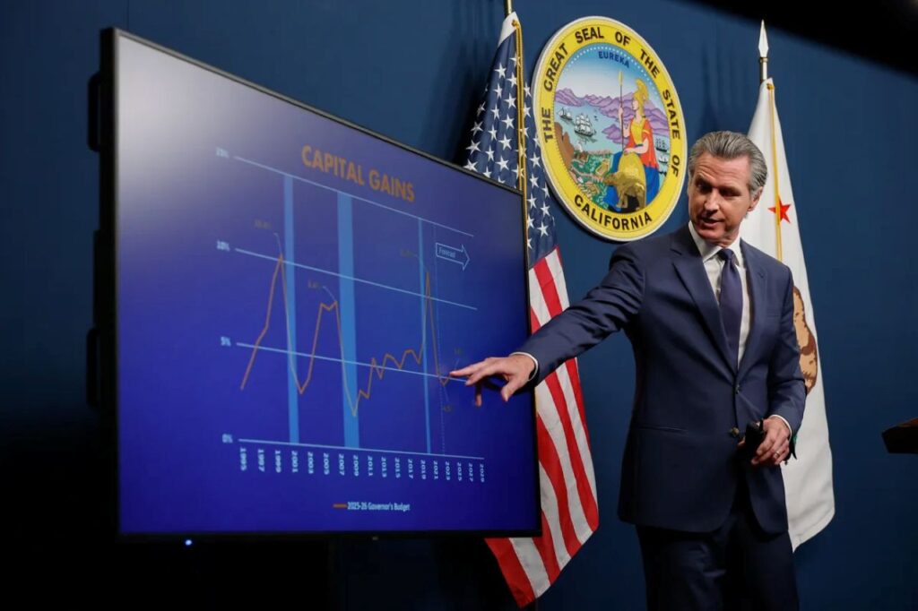 Image of Gov. Newsom pointing at a budget power point presentation