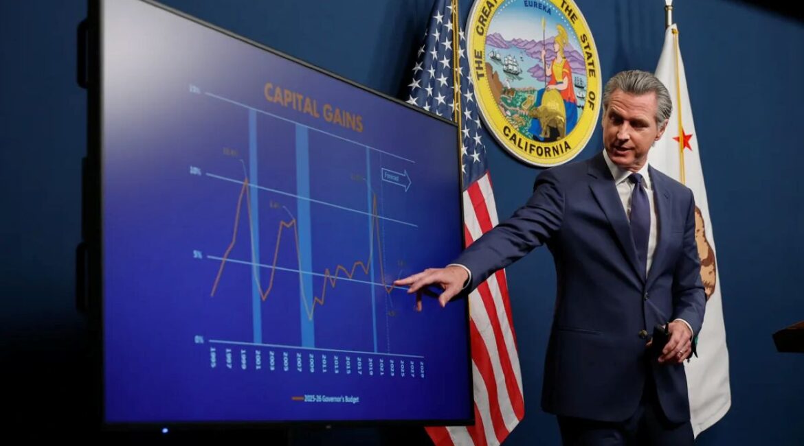 Image of Gov. Newsom pointing at a budget power point presentation