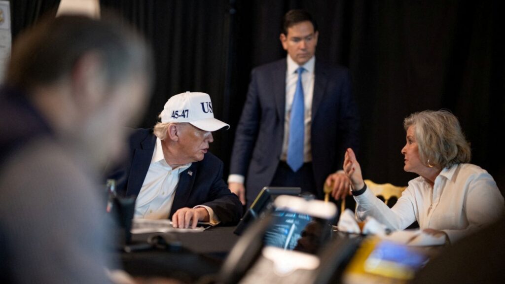 Image of President Trump talking with Susie Wiles and Marco Rubio