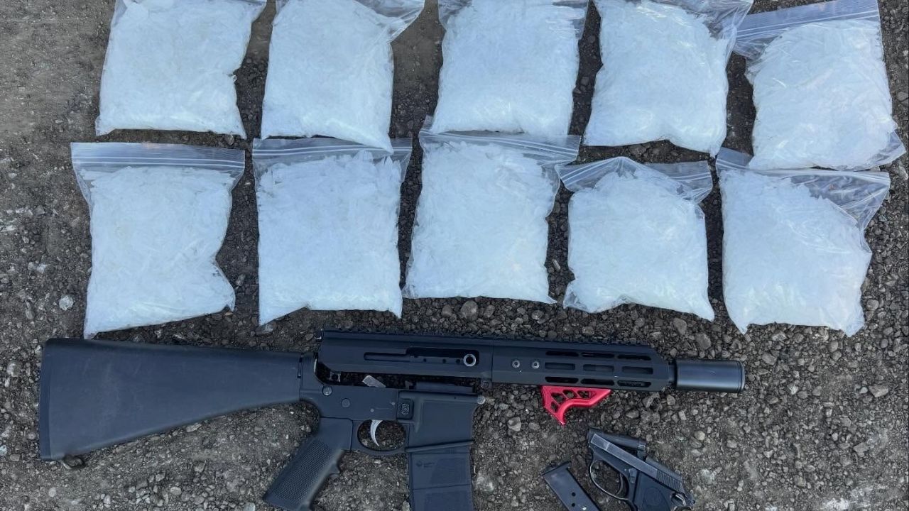 A CHP traffic stop Tuesday, March 24, 2026, uncovered 10 pounds of suspected methamphetamine and multiple firearms, leading to two arrests. (CHP)