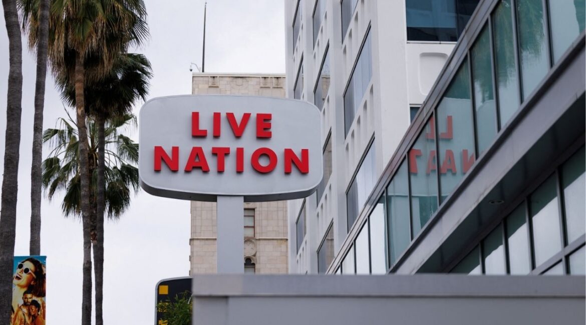 A Live Nation sign stands next to an office building along Hollywood Blvd, after the U.S. Department of Justice and a group of states filed an antitrust lawsuit against Live Nation Entertainment, in Los Angeles, California, U.S., May 23, 2024. (Reuters/Mike Blake)