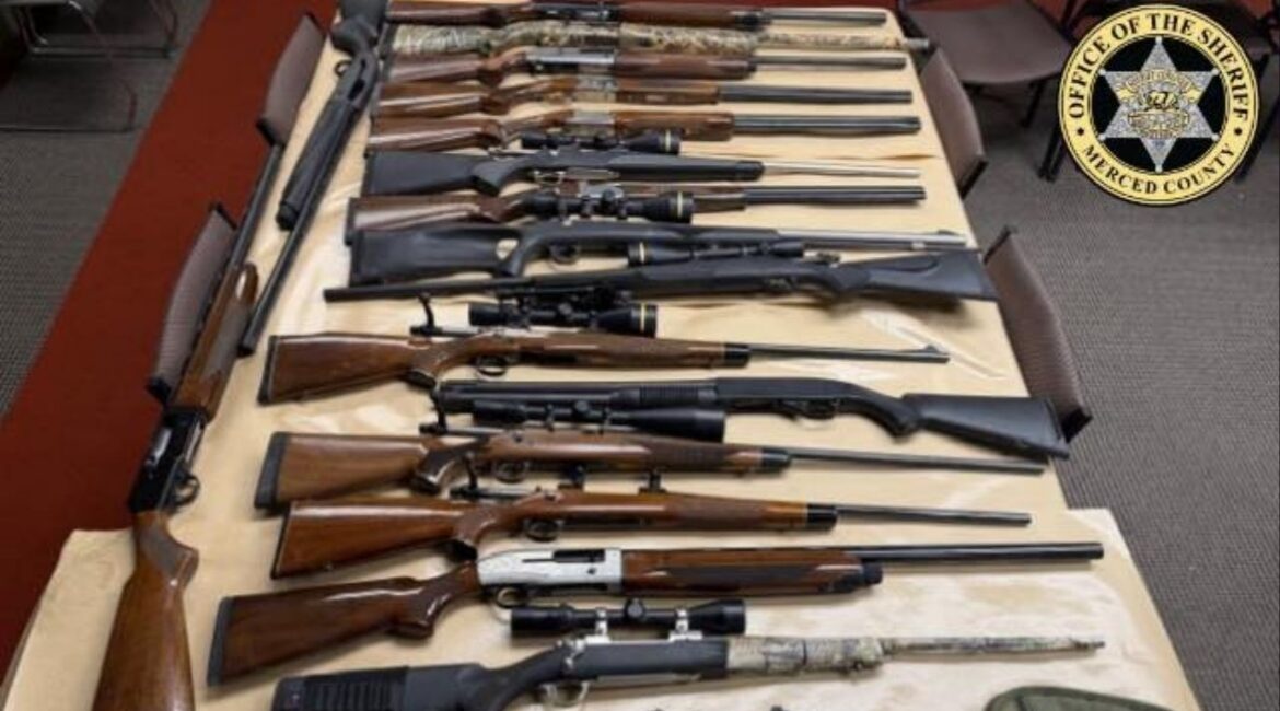 A Merced County man was arrested after allegedly threatening a 68-year-old man with a handgun and using racial slurs during a property dispute in South Dos Palos, where deputies later seized 28 firearms from his home. (Merced County SO)