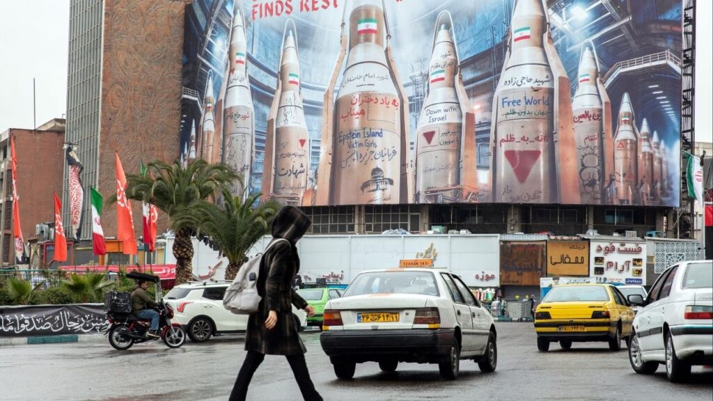 A billboard depicting Iranian missiles, and including references to Israel and Jeffrey Epstein, in Valiasr Square in Tehran, Iran, in March 2026. Israel delivered double blows to the upper echelons of Iran’s leadership on Tuesday, March 17, 2026, killing Ali Larijani, the head of the country’s Supreme National Security Council, and Brig. Gen. Gholamreza Soleimani, the leader of a powerful plainclothes militia aligned with the Islamic Revolutionary Guards Corps. (Arash Khamooshi/The New York Times)
