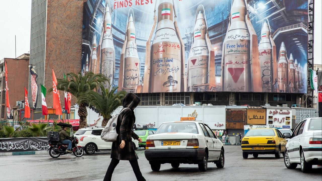A billboard depicting Iranian missiles, and including references to Israel and Jeffrey Epstein, in Valiasr Square in Tehran, Iran, in March 2026. Israel delivered double blows to the upper echelons of Iran’s leadership on Tuesday, March 17, 2026, killing Ali Larijani, the head of the country’s Supreme National Security Council, and Brig. Gen. Gholamreza Soleimani, the leader of a powerful plainclothes militia aligned with the Islamic Revolutionary Guards Corps. (Arash Khamooshi/The New York Times)