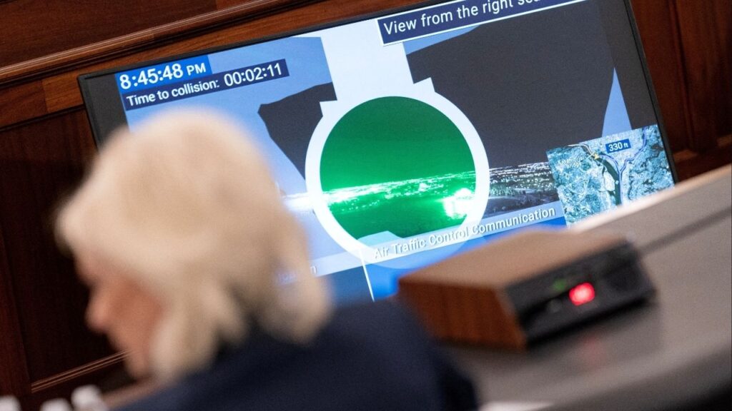 A cockpit recording plays as National Transportation Safety Board (NTSB) Chair Jennifer Homendy testifies during a Senate Commerce, Science, and Transportation Committee hearing on the January 29, 2025, midair collision between American Airlines Flight 5342 and a U.S. Army Black Hawk helicopter, on Capitol Hill in Washington, D.C., U.S., February 12, 2026. (Reuters File)
