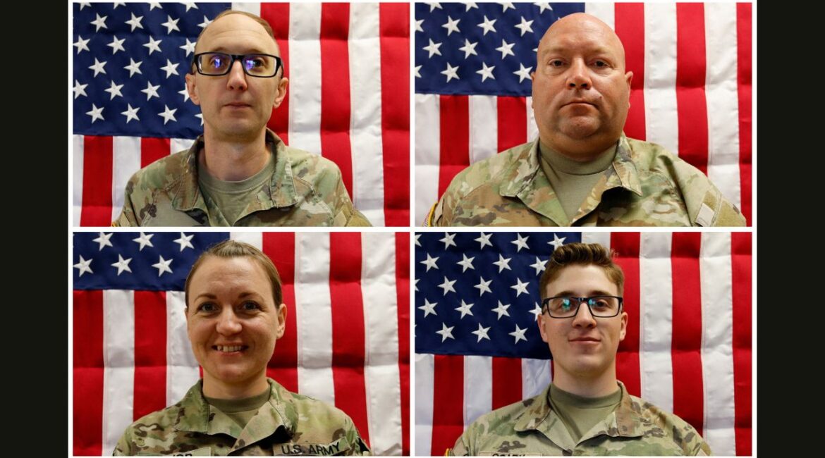 A combination image of undated photos shows U.S. Army Reserve Captain Cody A. Khork, 35, of Winter Haven, Florida, U.S. Army Reserve Sgt. 1st Class Noah Tietjens, 42, of Bellevue, Nebraska, U.S. Army Reserve Sgt. 1st Class Nicole Amor, 39, of White Bear Lake, Minnesota, and U.S. Army Reserve Sgt. Declan Coady, 20, of Des Moines, Iowa, who were killed March 1, 2026, at the Port of Shuaiba, Kuwait during a drone attack.