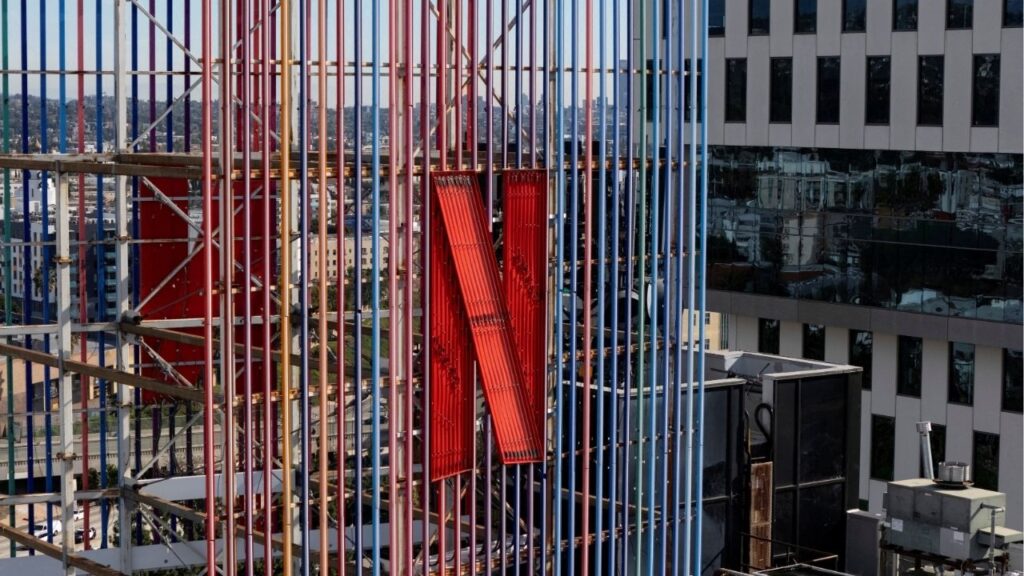 A drone view shows Netflix logos on buildings in the Hollywood neighborhood in Los Angeles, California, U.S., January 20, 2026. (Reuters/Daniel Cole)