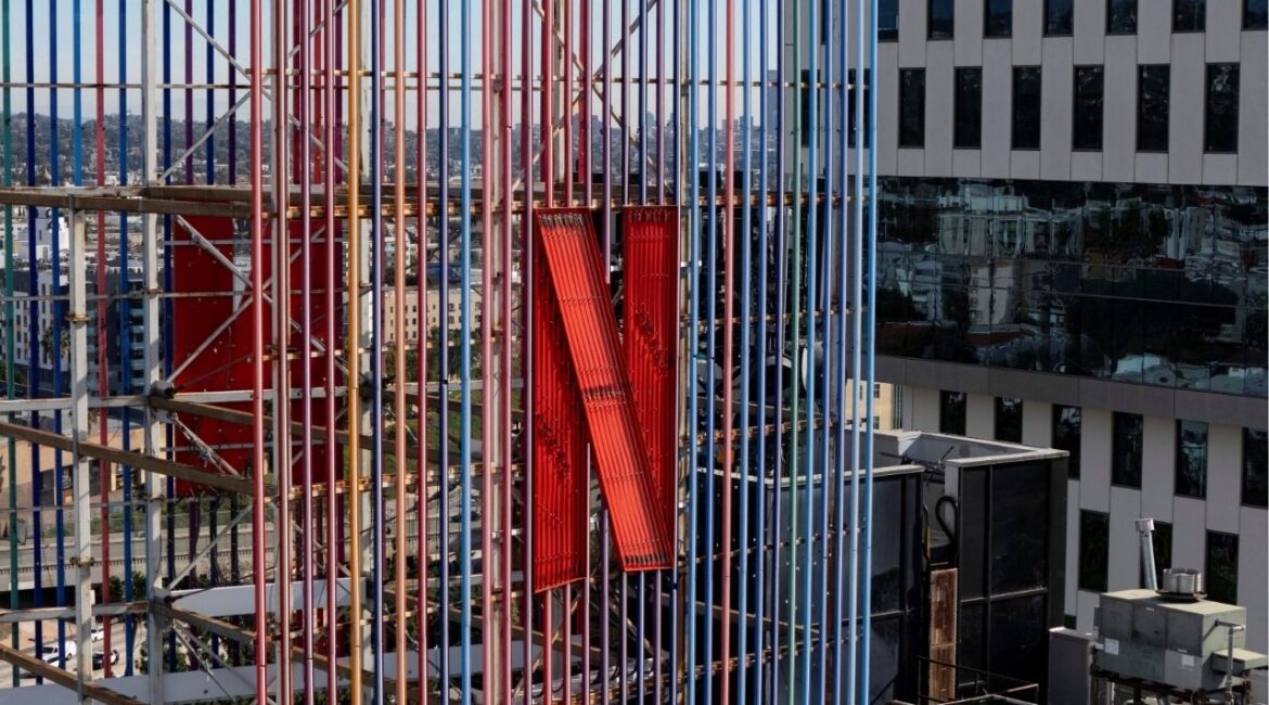 A drone view shows Netflix logos on buildings in the Hollywood neighborhood in Los Angeles, California, U.S., January 20, 2026. (Reuters/Daniel Cole)