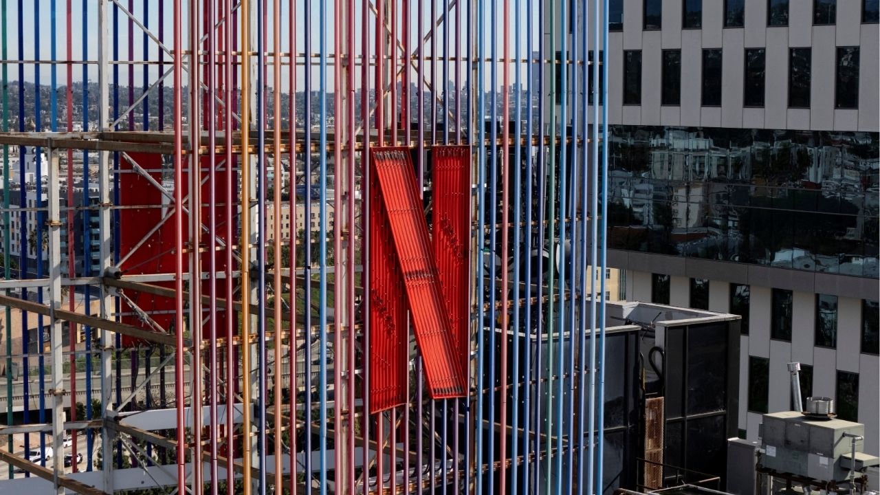A drone view shows Netflix logos on buildings in the Hollywood neighborhood in Los Angeles, California, U.S., January 20, 2026. (Reuters/Daniel Cole)