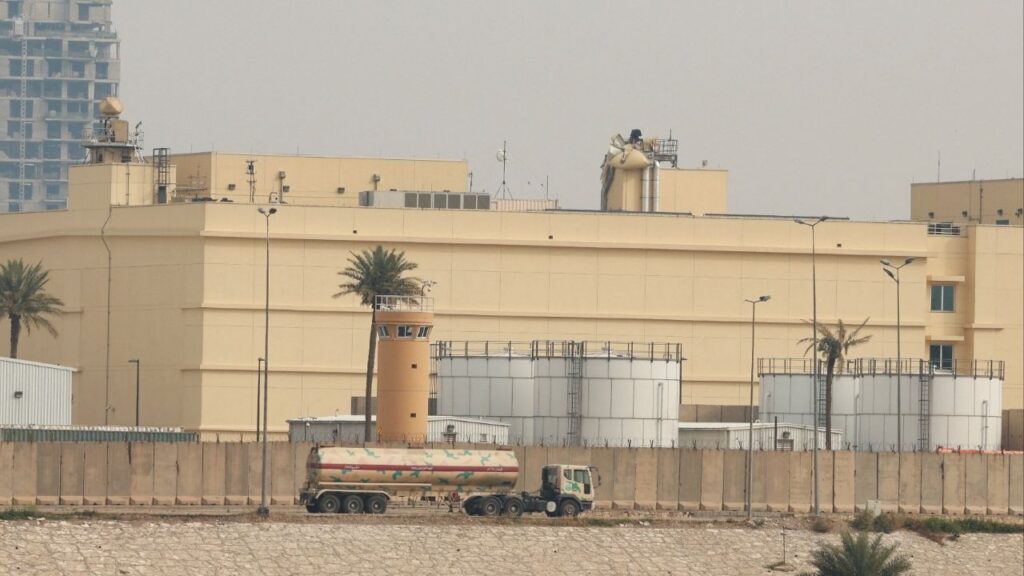 A general view of the U.S. Embassy, after Iraqi security sources said the embassy was hit in a missile attack, in Baghdad, Iraq, March 14, 2026. REUTERS/Ahmed Saad
