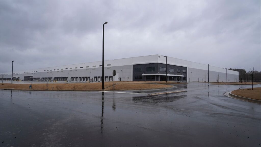 A large industrial warehouse currently planned for use as a detention center by Immigration and Customs Enforcement in Social Circle, Ga., on Feb. 26, 2026. ICE plans to put 8,500 immigrants in this single warehouse. Experts say the design plans raise health, safety and security concerns. (Nicole Craine/The New York Times)