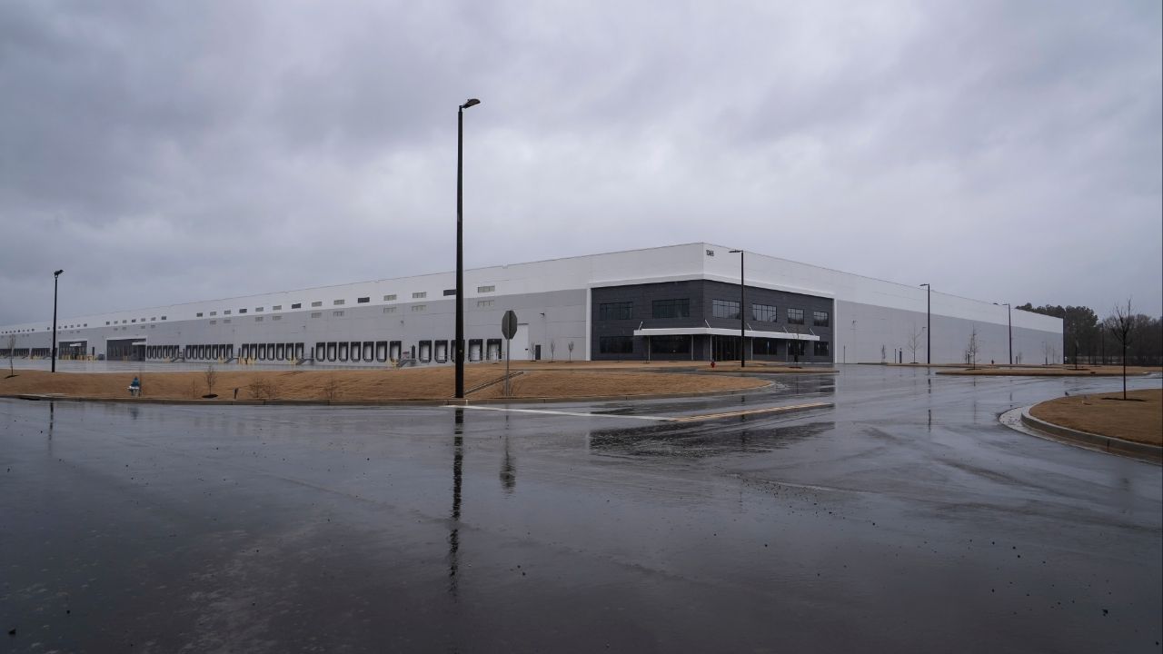 A large industrial warehouse currently planned for use as a detention center by Immigration and Customs Enforcement in Social Circle, Ga., on Feb. 26, 2026. ICE plans to put 8,500 immigrants in this single warehouse. Experts say the design plans raise health, safety and security concerns. (Nicole Craine/The New York Times)