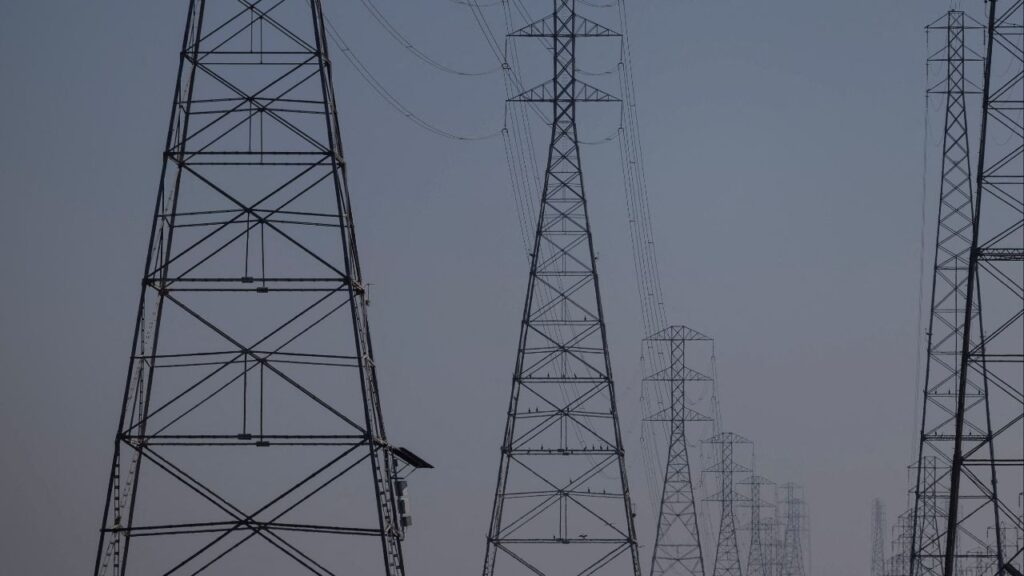 A local resident walks by the power grid towers at Bair Island State Marine Park in Redwood City, California, United States, January 26, 2022. (Reuters/Carlos Barria)
