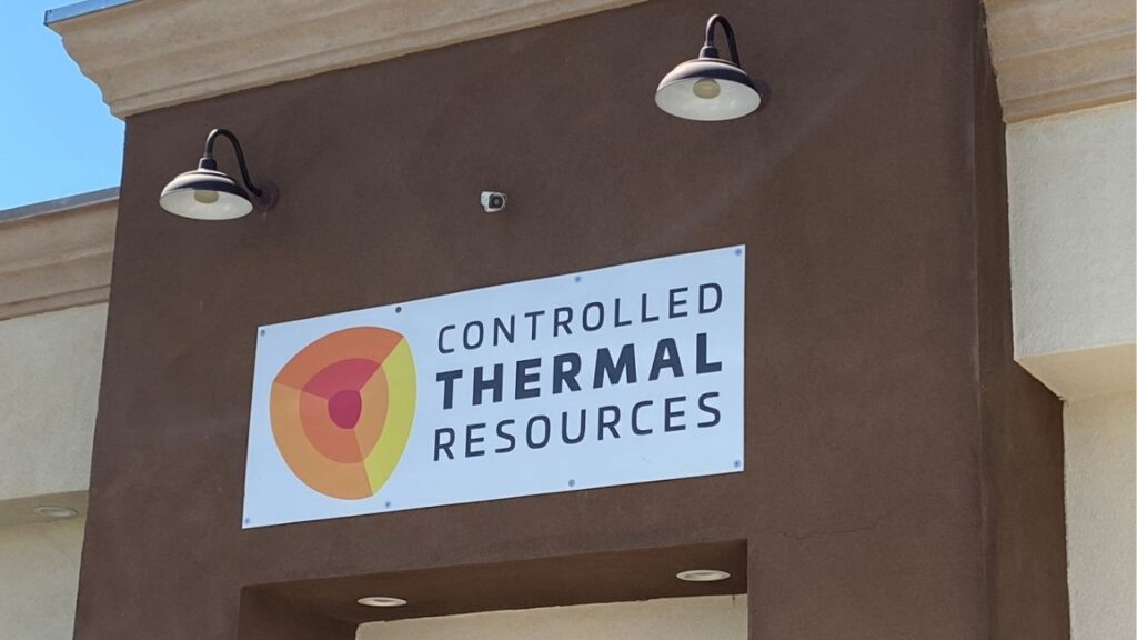 A logo of lithium company Controlled Thermal Resources Ltd, which has a contract to supply the electric vehicle battery metal to General Motors Co, is seen at corporate headquarters in Imperial, California, U.S. September 16, 2021. (Reuters/Ernest Scheyder)