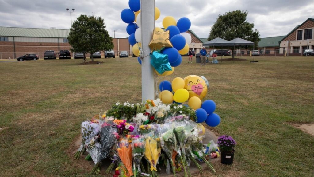 A makeshift memorial outside Apalachee High School in Winder, Ga., after a mass shooting left two students and two teachers dead, on Sept. 5, 2024. Colin Gray, who gave his son an powerful assault-style rifle used in the attack as a Christmas gift and allowed him unfettered access even as his behavior became more volatile, has been found guilty of more than two dozen charges, including second-degree murder and involuntary manslaughter. (Amanda Kathleen Greene/The New York Times)