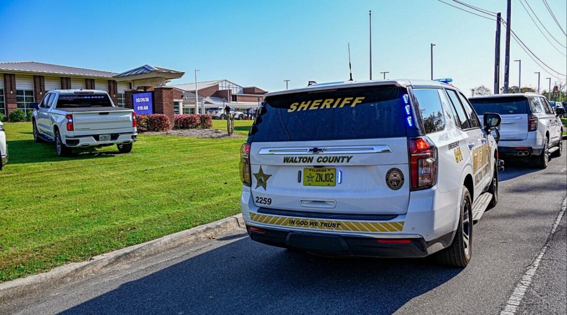 A photo provided by the Walton County Sheriff's Office shows police officers responding to reports of a stabbing at Walton Middle School in DeFuniak Springs, Fla., on Tuesday, March 24, 2026. A seventh-grade student at a Florida middle school stabbed two other students and a teacher early Tuesday, seriously injuring at least two of the victims, the authorities said. (Walton County Sheriff's Office via The New York Times)