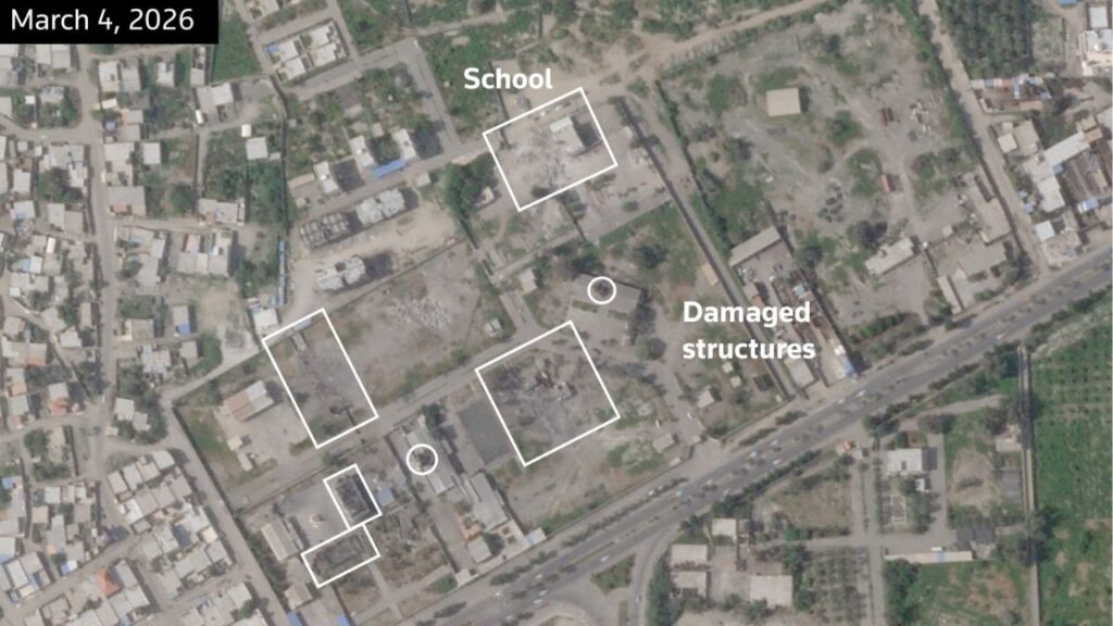 A satellite image, annotated by Reuters, shows the Shajareh Tayyebeh girls' school and other structures damaged after being struck, amid the U.S.-Israeli conflict with Iran, in Minab, Hormozgan Province, Iran March 4, 2026. (2026 Planet Labs PBC/Handout via Reuters)