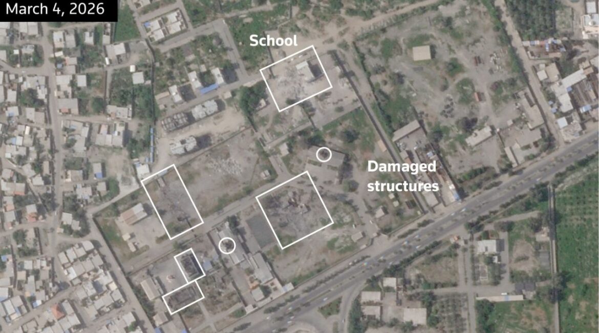 A satellite image, annotated by Reuters, shows the Shajareh Tayyebeh girls' school and other structures damaged after being struck, amid the U.S.-Israeli conflict with Iran, in Minab, Hormozgan Province, Iran March 4, 2026. (2026 Planet Labs PBC/Handout via Reuters)