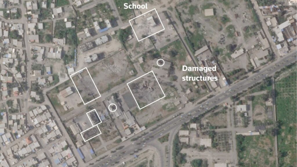 A satellite image, annotated by Sarah Cahlan, shows the Shajareh Tayyebeh girls' school and other structures damaged after being struck, amid the U.S.-Israeli conflict with Iran, in Minab, Hormozgan Province, Iran March 4, 2026. (2026 Planet Labs PBC/Handout via Reuters)
