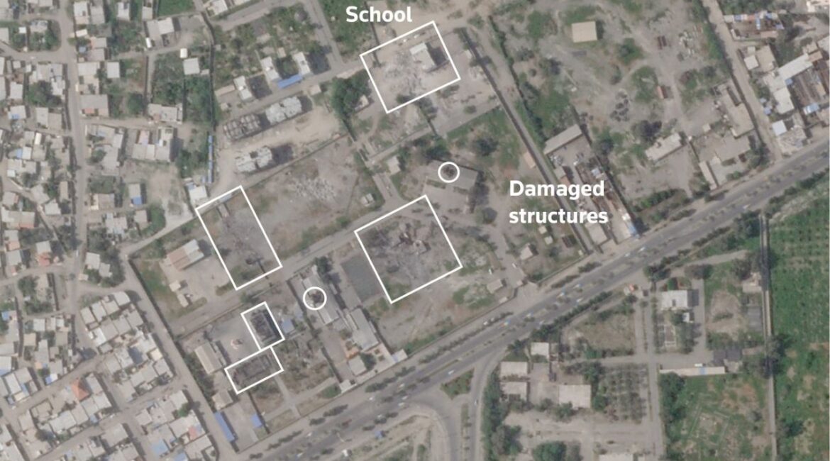 A satellite image, annotated by Sarah Cahlan, shows the Shajareh Tayyebeh girls' school and other structures damaged after being struck, amid the U.S.-Israeli conflict with Iran, in Minab, Hormozgan Province, Iran March 4, 2026. (2026 Planet Labs PBC/Handout via Reuters)