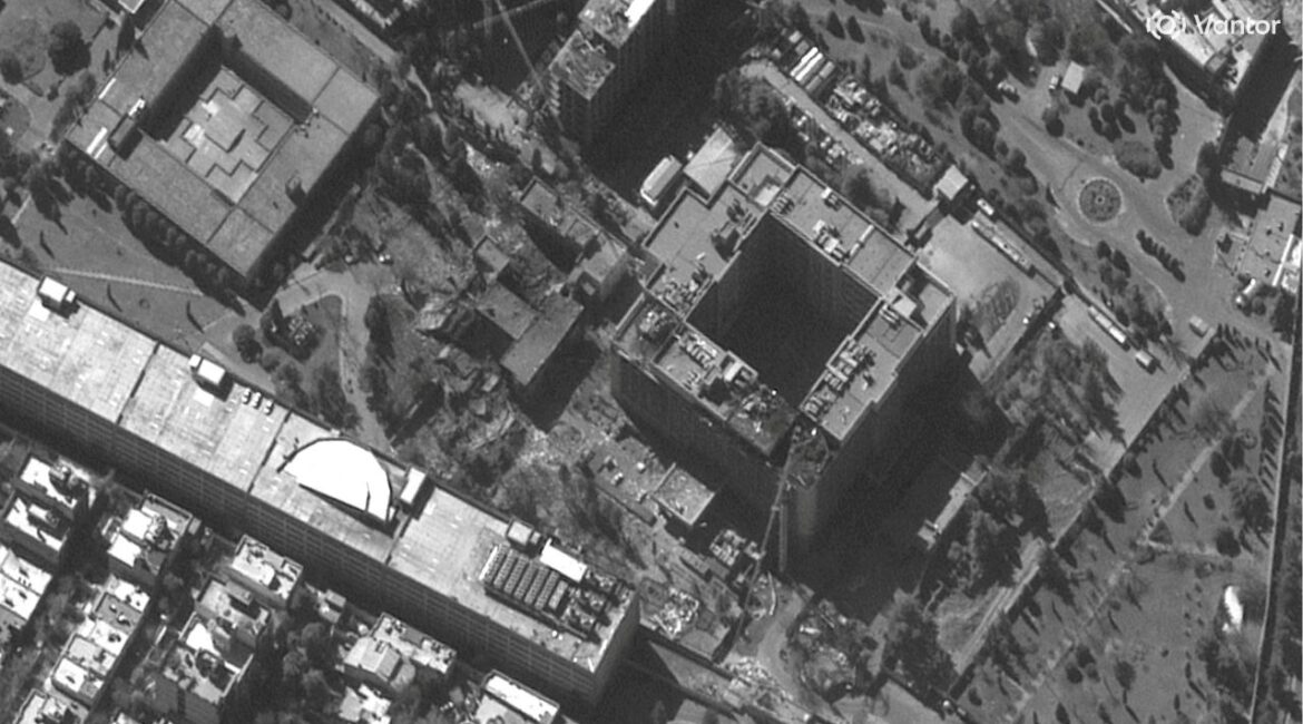 A satellite image shows a closer view of buildings of the Intelligence Ministry in Tehran, Iran, March 3, 2026, after airstrikes amid the U.S.-Israeli conflict with Iran. (Vantor/Handout via Reuters)