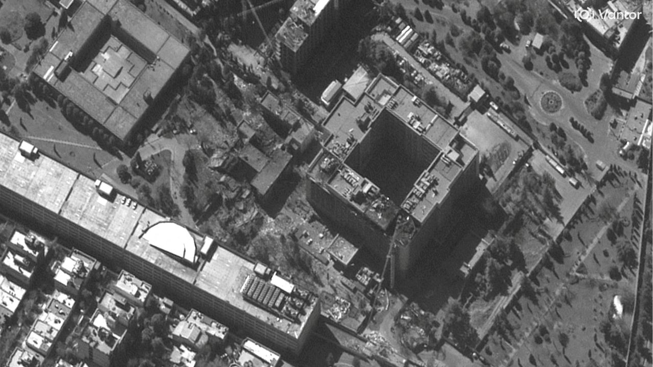 A satellite image shows a closer view of buildings of the Intelligence Ministry in Tehran, Iran, March 3, 2026, after airstrikes amid the U.S.-Israeli conflict with Iran. (Vantor/Handout via Reuters)
