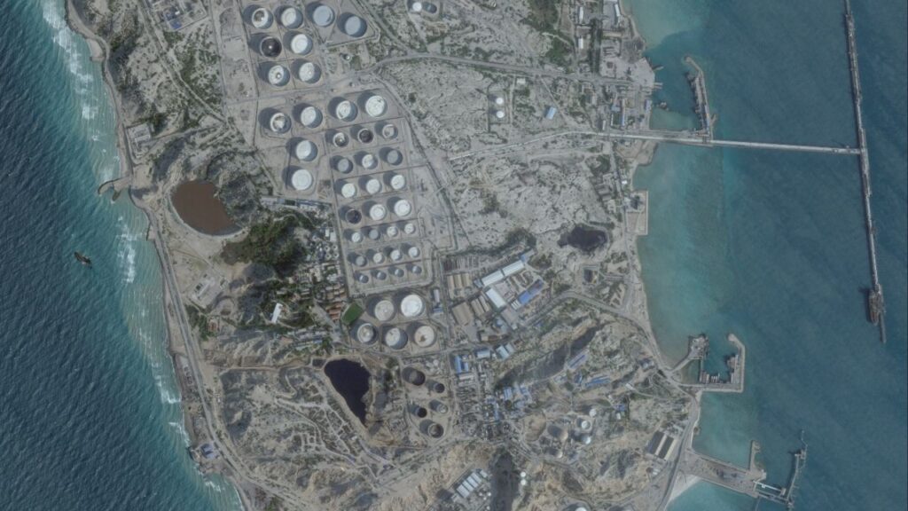 A satellite image shows an oil terminal at Kharg Island, Iran, February 25, 2026. 2026 (Planet Labs PBC/Handout via Reuters)