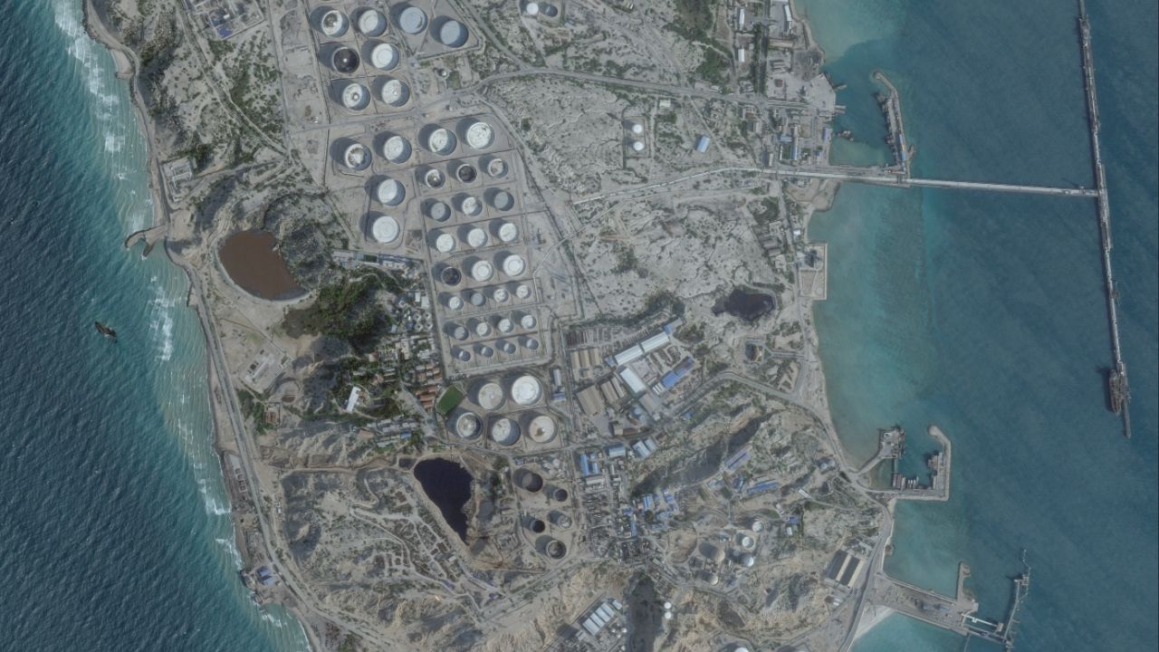 A satellite image shows an oil terminal at Kharg Island, Iran, February 25, 2026. 2026 (Planet Labs PBC/Handout via Reuters)