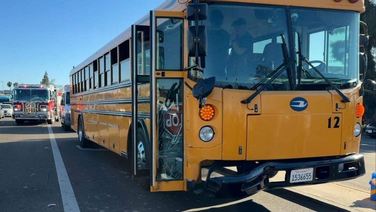 A three-vehicle crash involving a school bus in Fresno on Monday, March 2, 2026, left one person with minor injuries but no students were hurt. (Fresno FD)