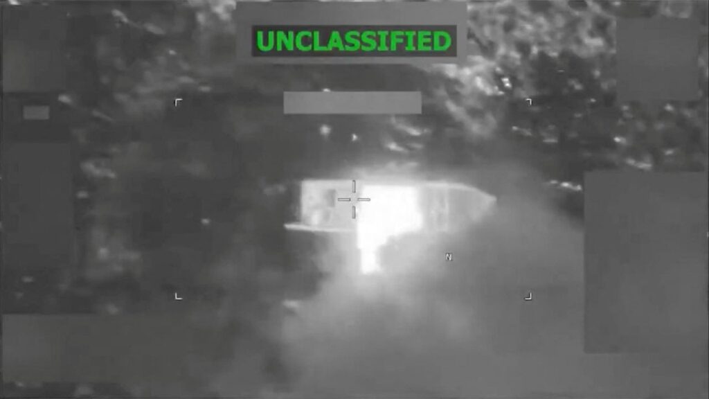 A vessel on fire after an explosion, which the U.S. military says was a strike on a suspected drug vessel in the eastern Pacific, at an unidentified location in this screen grab obtained from a video released on February 20, 2026. (Reuters File)