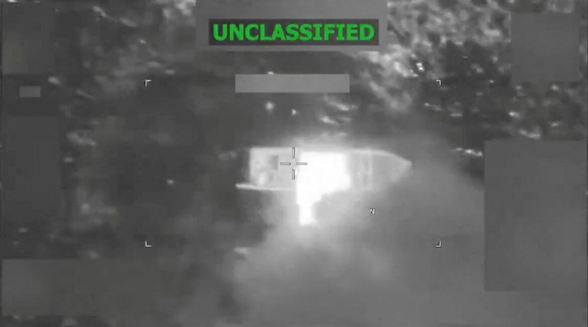 A vessel on fire after an explosion, which the U.S. military says was a strike on a suspected drug vessel in the eastern Pacific, at an unidentified location in this screen grab obtained from a video released on February 20, 2026. (Reuters File)