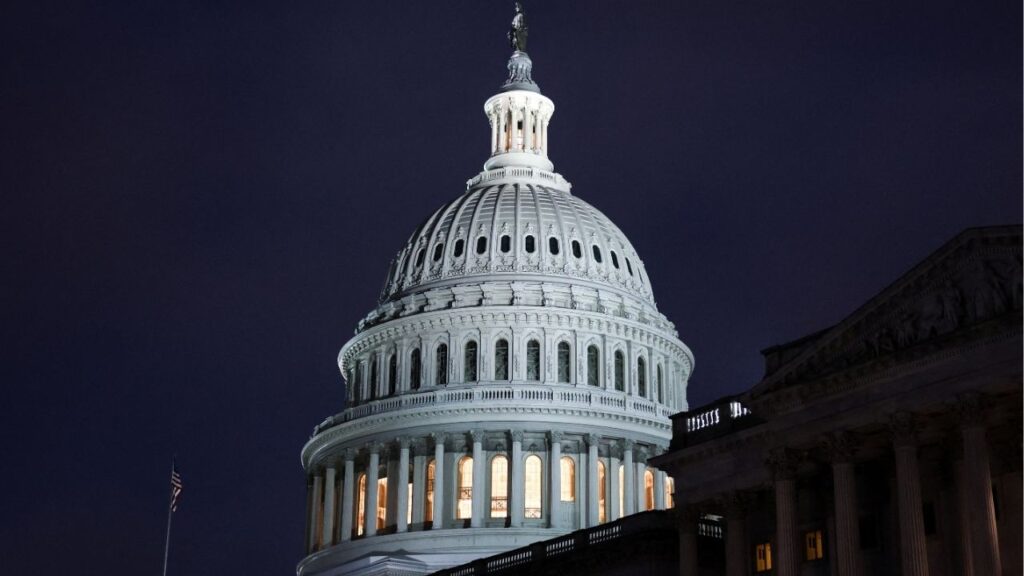 A view of the U.S. Capitol building at night in Washington, D.C., U.S., March 2, 2026. (Reuters/Kylie Cooper)