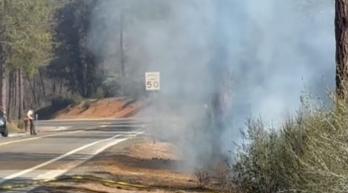 A wildfire is burning between Triangle Road and Auto Camp on Highway 140 in Mariposa County on Thursday, March 12, 2026,, with no structures threatened and traffic controls in place. (Mariposa County SO)
