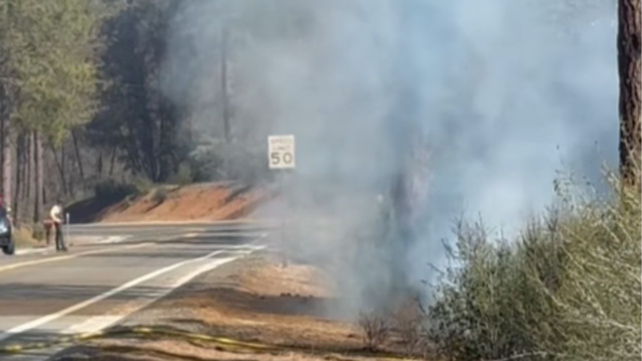 A wildfire is burning between Triangle Road and Auto Camp on Highway 140 in Mariposa County on Thursday, March 12, 2026,, with no structures threatened and traffic controls in place. (Mariposa County SO)