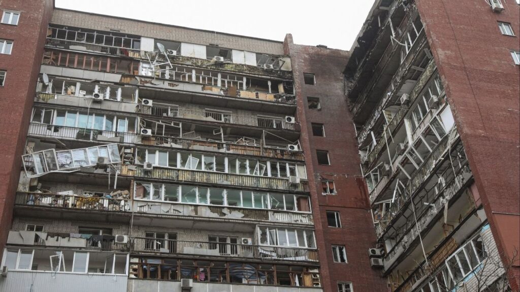 An apartment building which was hit by a Russian drone strike, amid Russia's attack on Ukraine, in Dnipro, Ukraine March 24, 2026. (Reuters/Stringer)