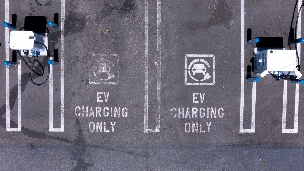 An electric vehicle charging location is shown from the view of a drone in Carlsbad, California, U.S., May 14, 2025. (Reuters File)