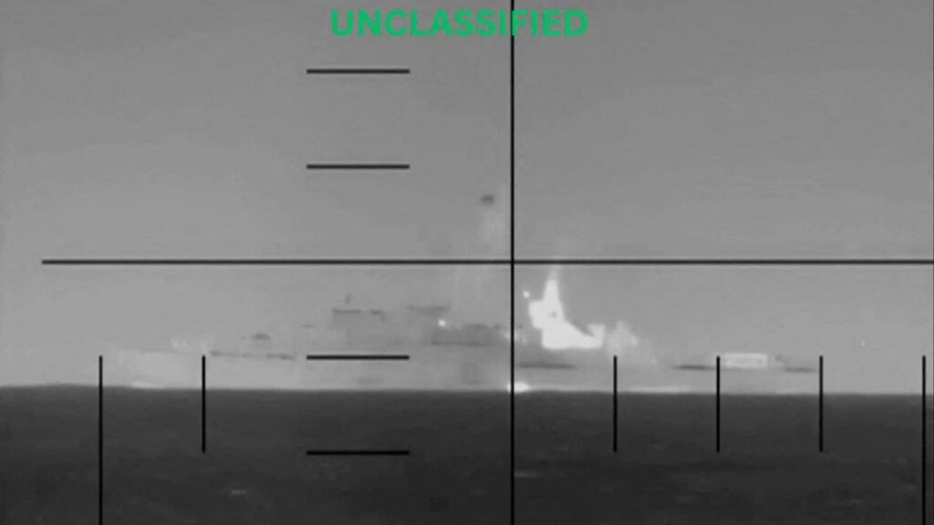 An explosion on what the U.S. Department of Defense says is an Iranian warship, at the sea, in this screengrab obtained from a handout video released on March 4, 2026. (Department of Defense/Handout via Reuters)