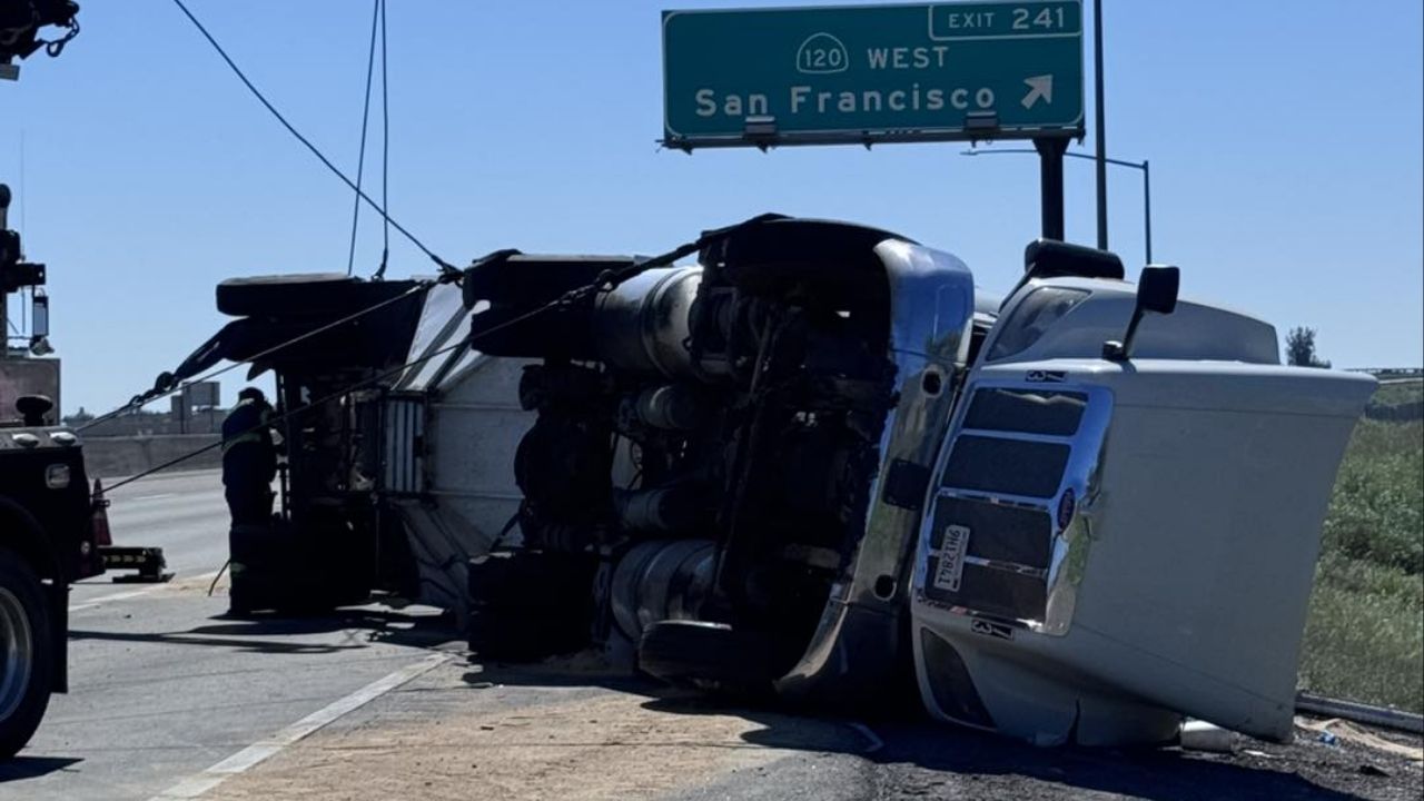 An overturned semi-truck reduced southbound Highway 99 to one lane near Manteca, causing major delays Thursday, March 19, 2026. (CHP)