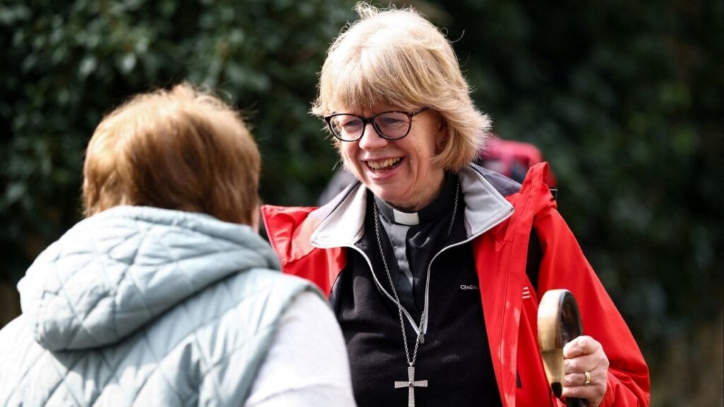 Archbishop of Canterbury Sarah Mullally reacts during an 87-mile pilgrimage from St Paul's Cathedral to Canterbury Cathedral ahead of her installation ceremony as Archbishop of Canterbury on March 25, in Aylesford, Britain, March 20, 2026. (Reuters File)