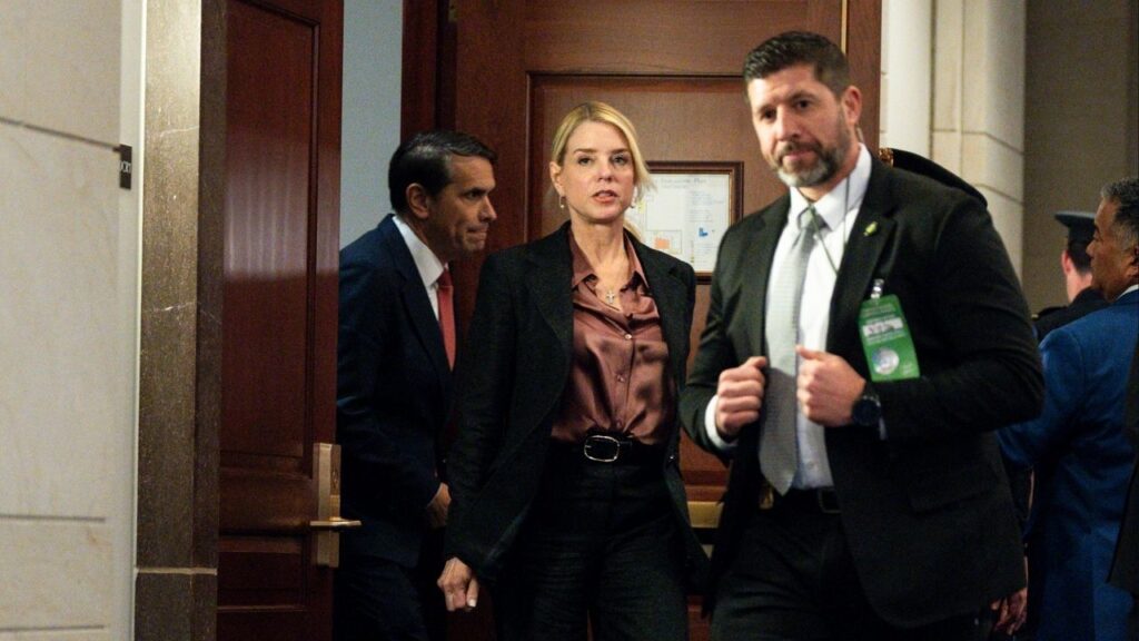 Attorney General Pam Bondi leaves a closed-door briefing about the Epstein files with members of the House Oversight and Accountability Committee at the Capitol in Washington, Wednesday, March 18, 2026. Under the rules of the oversight committee, Bondi received a subpoena requiring her to appear. The panel’s Republican chairman said he sent the summons reluctantly. (Tierney L. Cross/The New York Times)